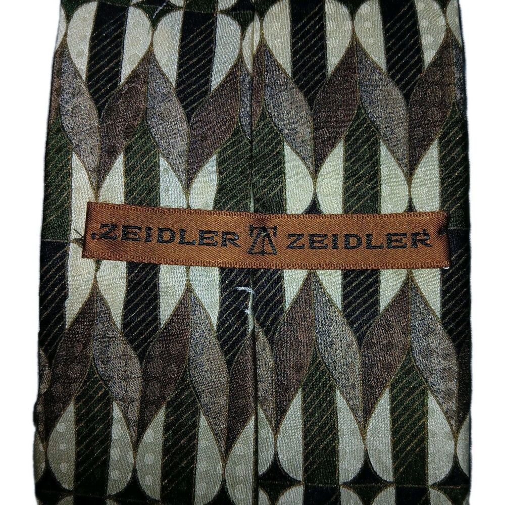 Zeidler & Zeidler Mens Tie 100% Silk Made In Italy Brown Green Ivory Motif Print - Picture 4 of 5